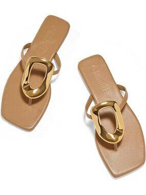 🆕Women's Nude Flat Sandals Square Toe Metal Decoration Flip Flops Shoes